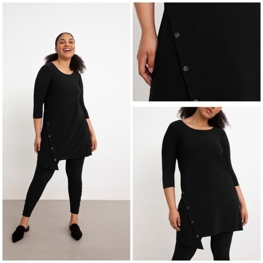 SYMPLI LAGENLOOK BLACK QUEST ANGLE TUNIC 3/4 SLEEVES BUTTON DETAIL TOP SZ 14